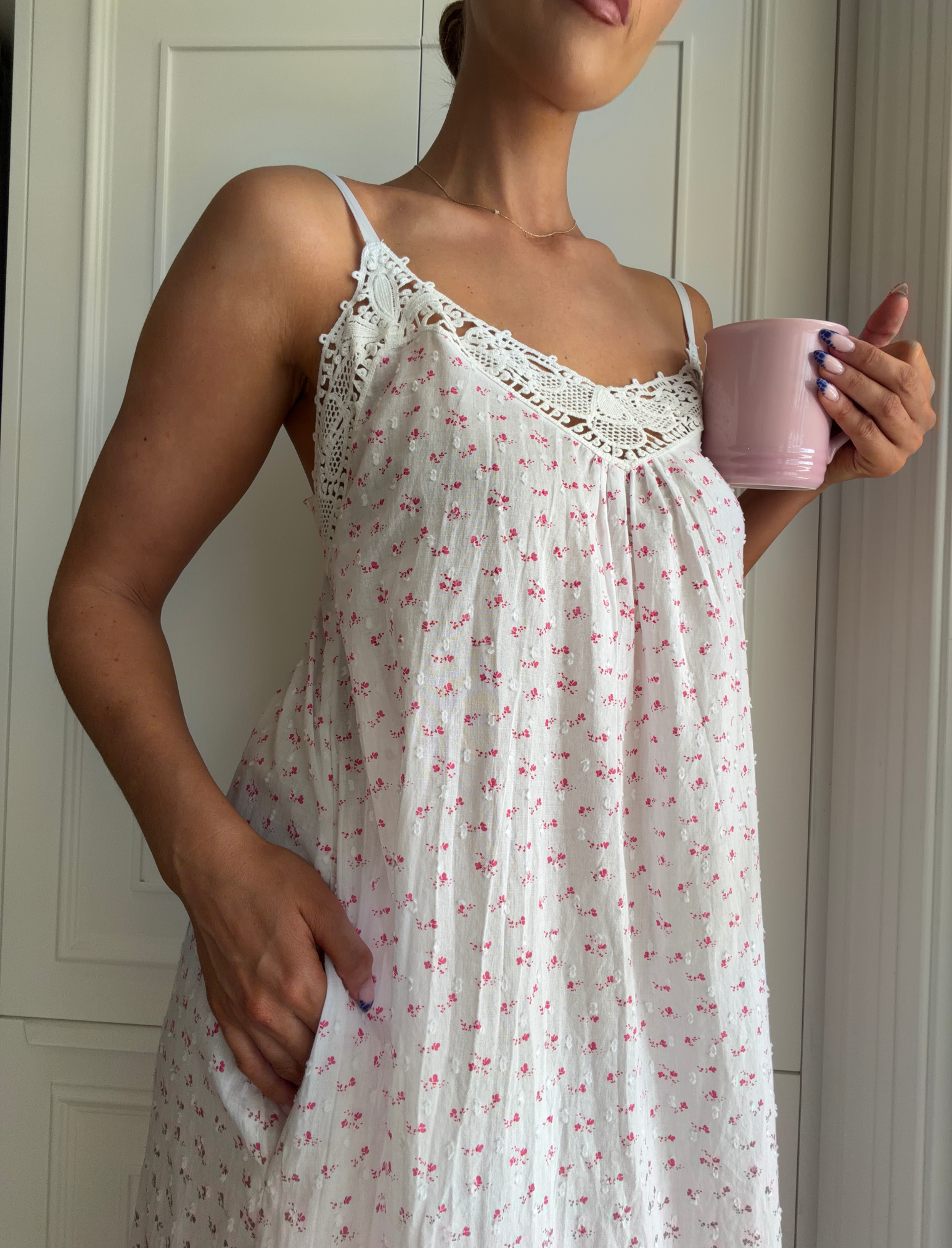 Swiss Dot Lace Front Maxi Nightgown