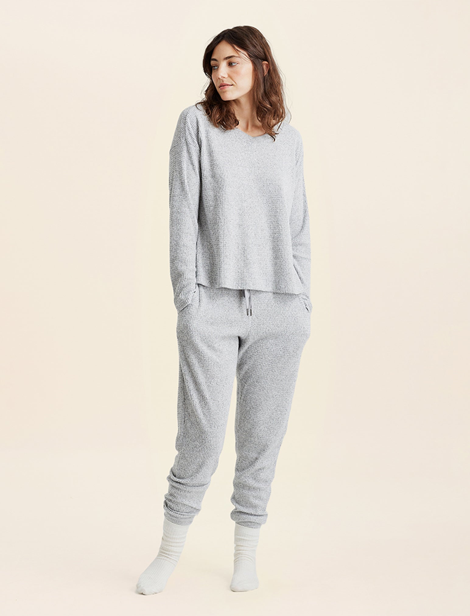 Waffle Hue Fleece Pajamas Papinelle Super Soft Waffle V-Neck Long