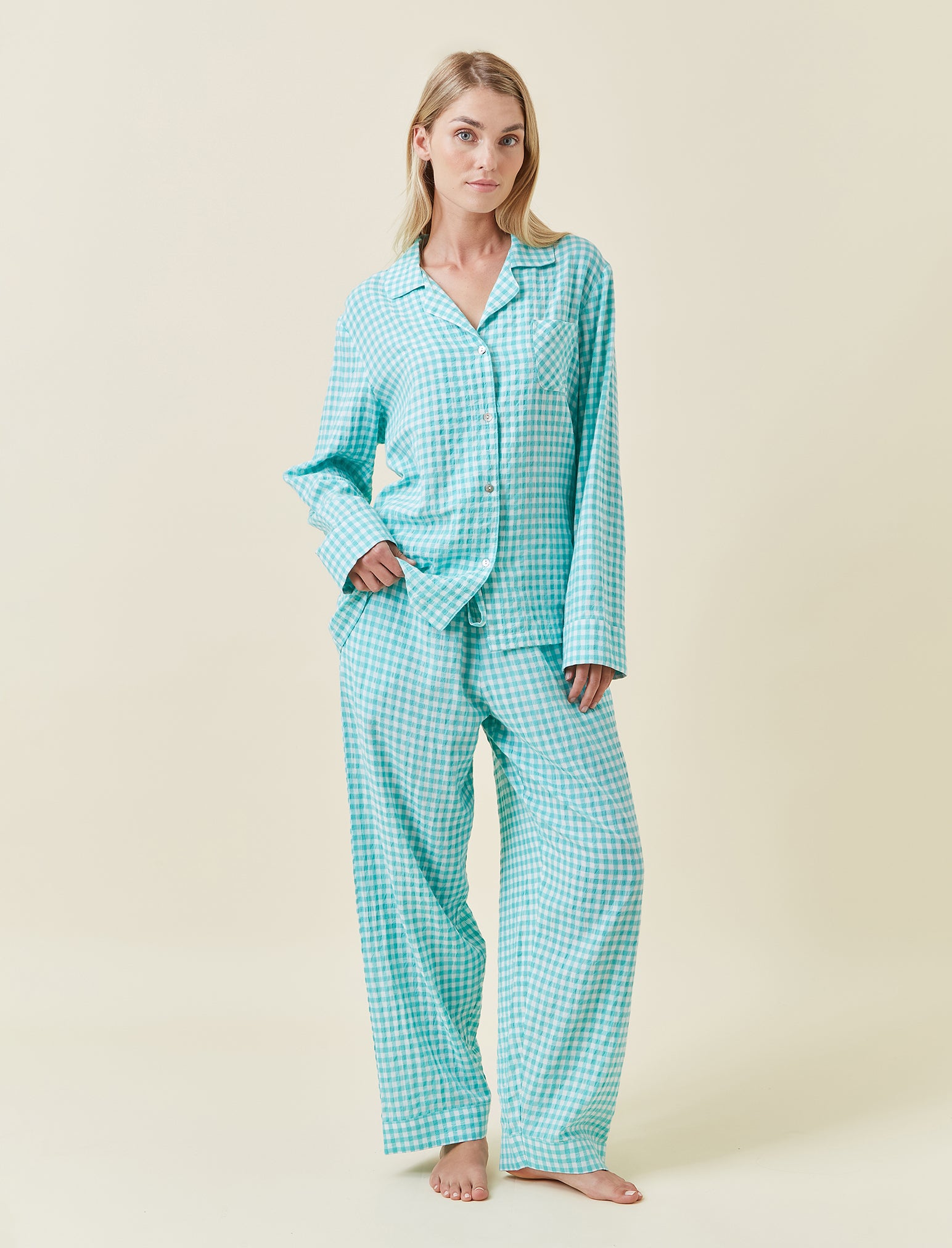 Seersucker Gingham Full Length PJ Set