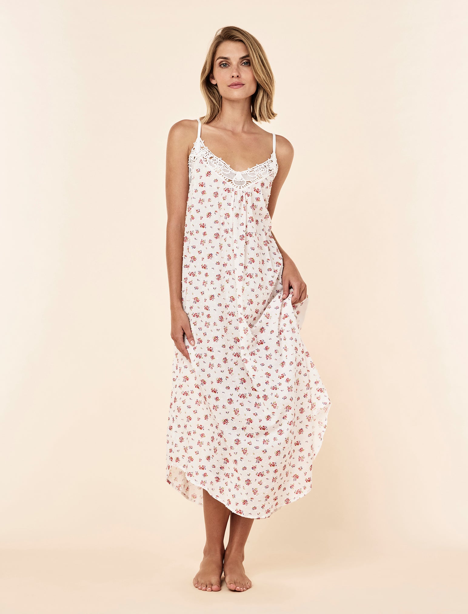 Swiss Dot Lace Front Maxi Nightgown