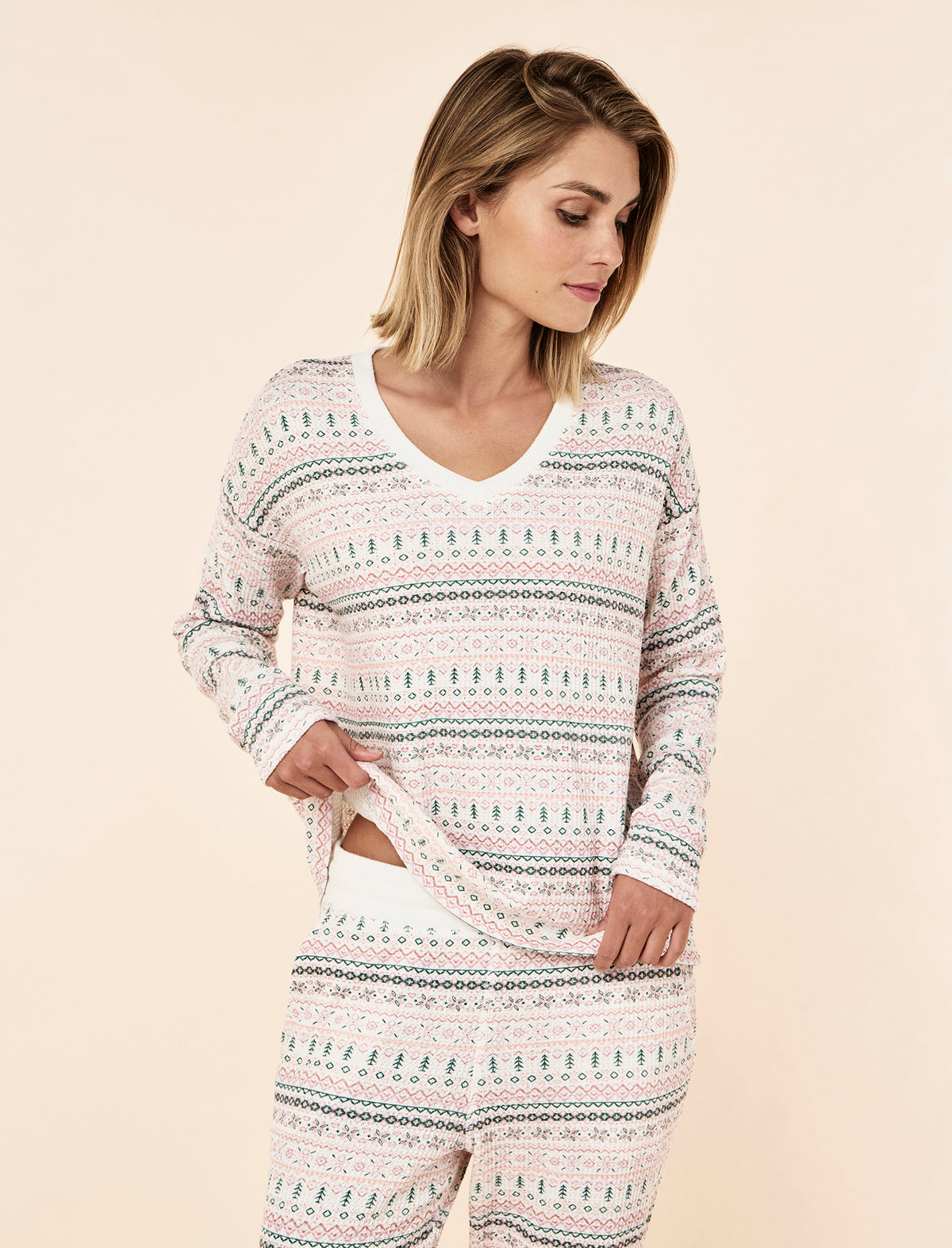 Fairisle Waffle Long Sleeve Top and Jogger Set