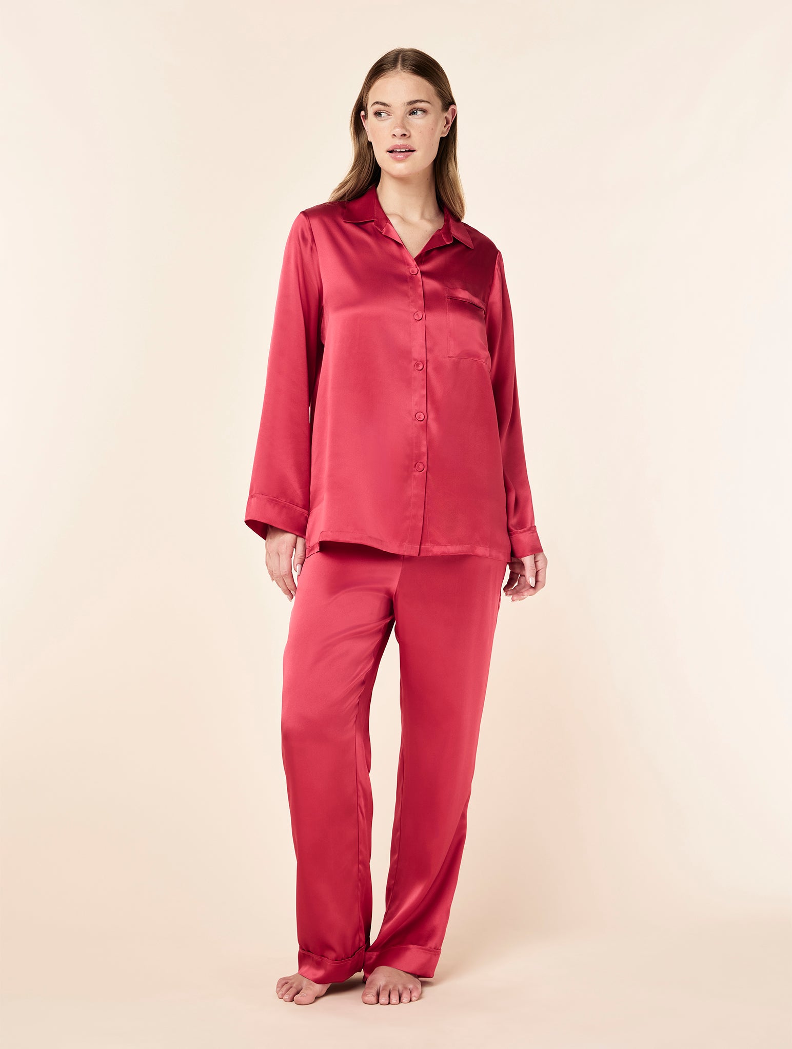 red silk pajama dress Bedtime Stretch Satin Long Sleeve PJ Pant Set - DarkRed