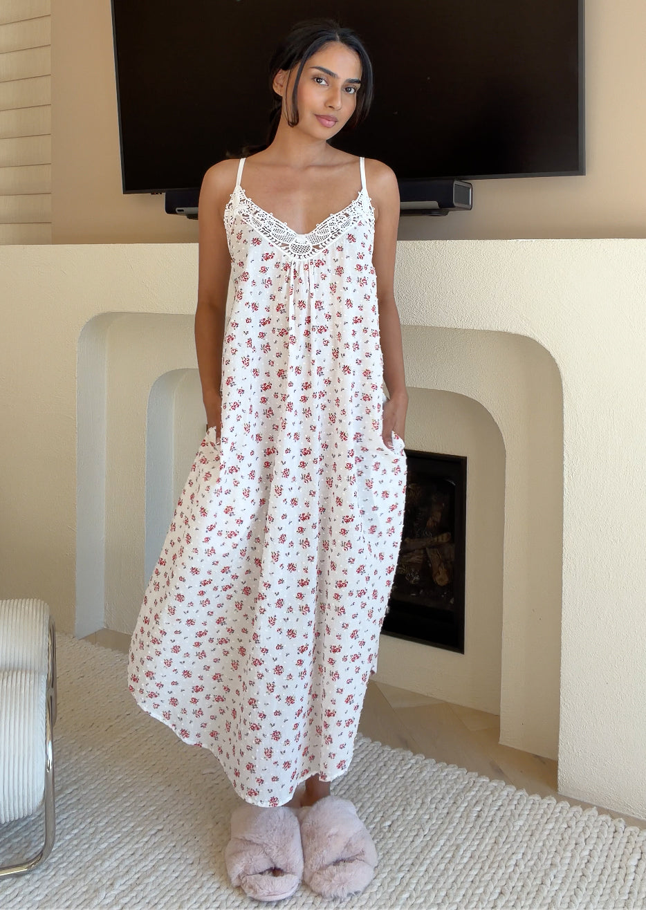 Swiss Dot Lace Front Maxi Nightgown