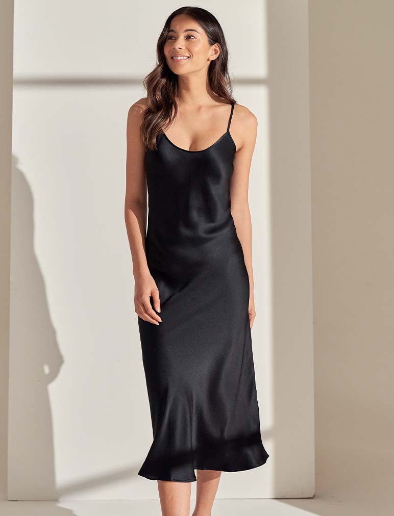 Natural Silk Slip Dress Black Maxi 100% Silk Cami Dress Black Silk
