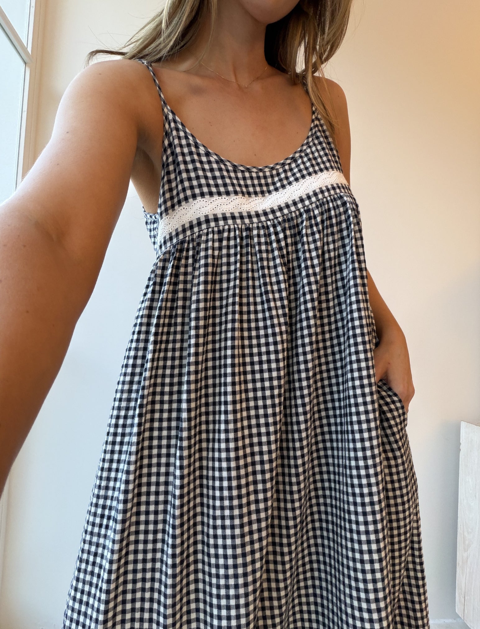 Seersucker Lace Insert Maxi Nightgown