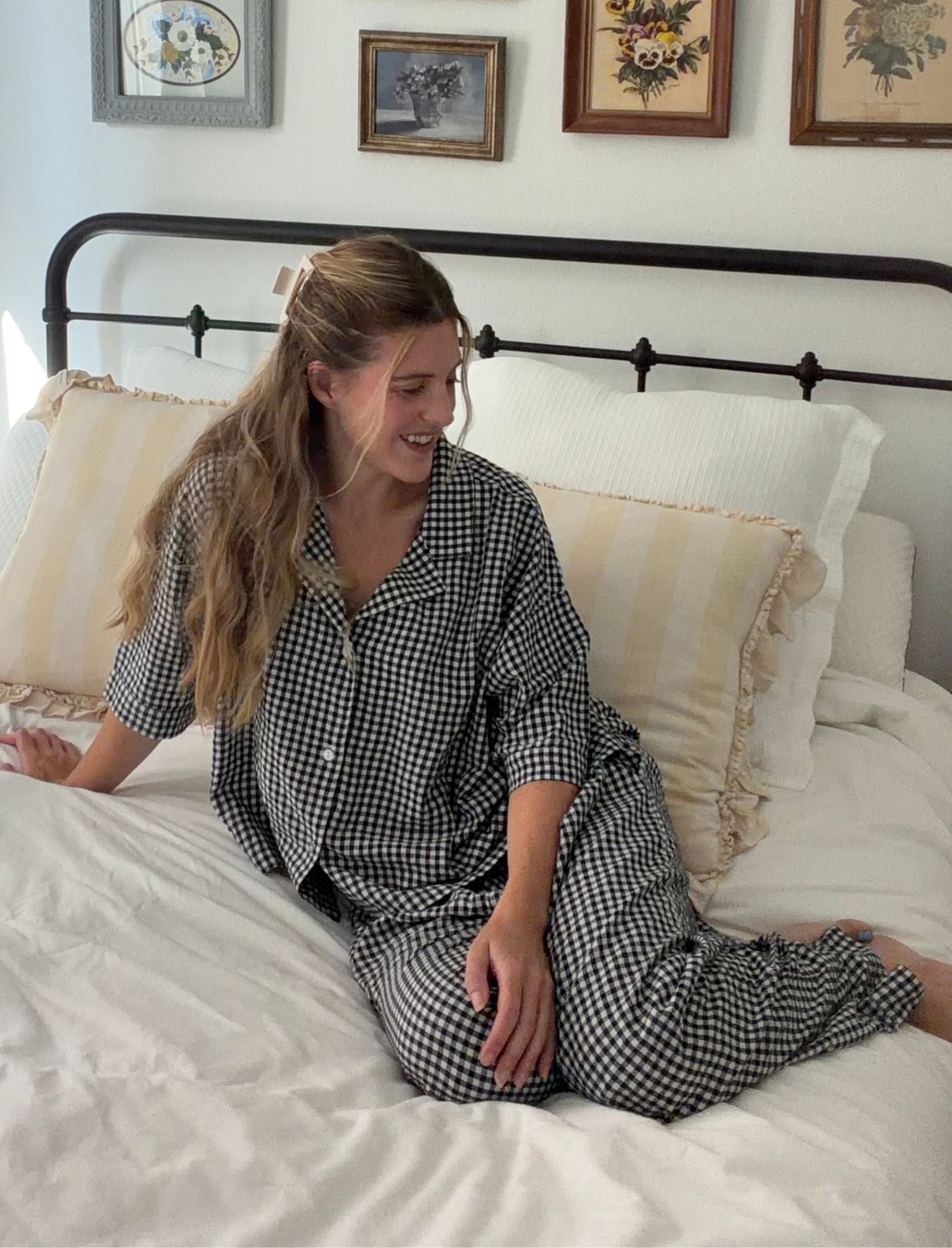 Seersucker Gingham Short Sleeve Shirt and Full Length Pant PJ Set