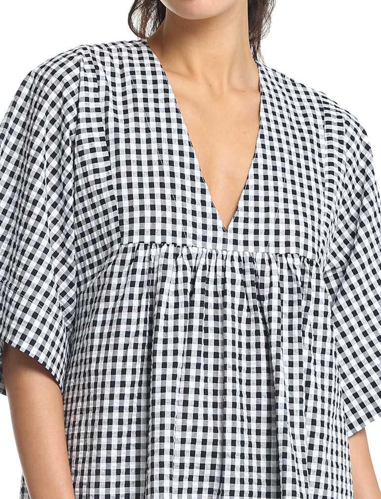 Seersucker Gingham Loose Fit Dress in Black