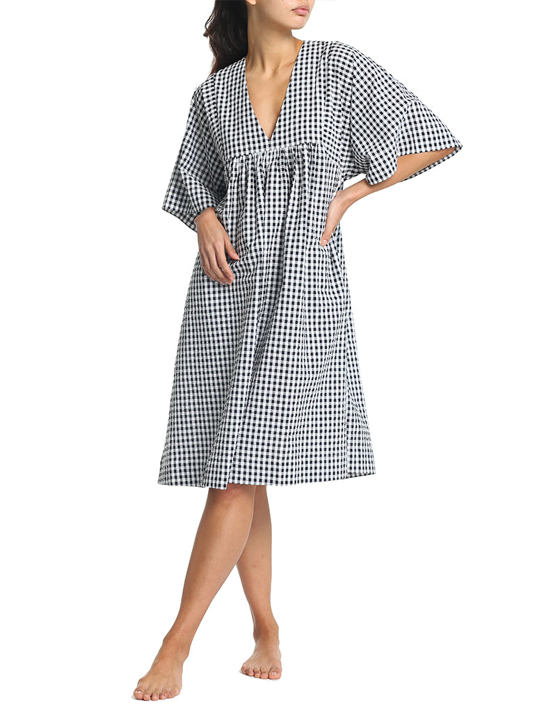 Seersucker Gingham Loose Fit Dress in Black