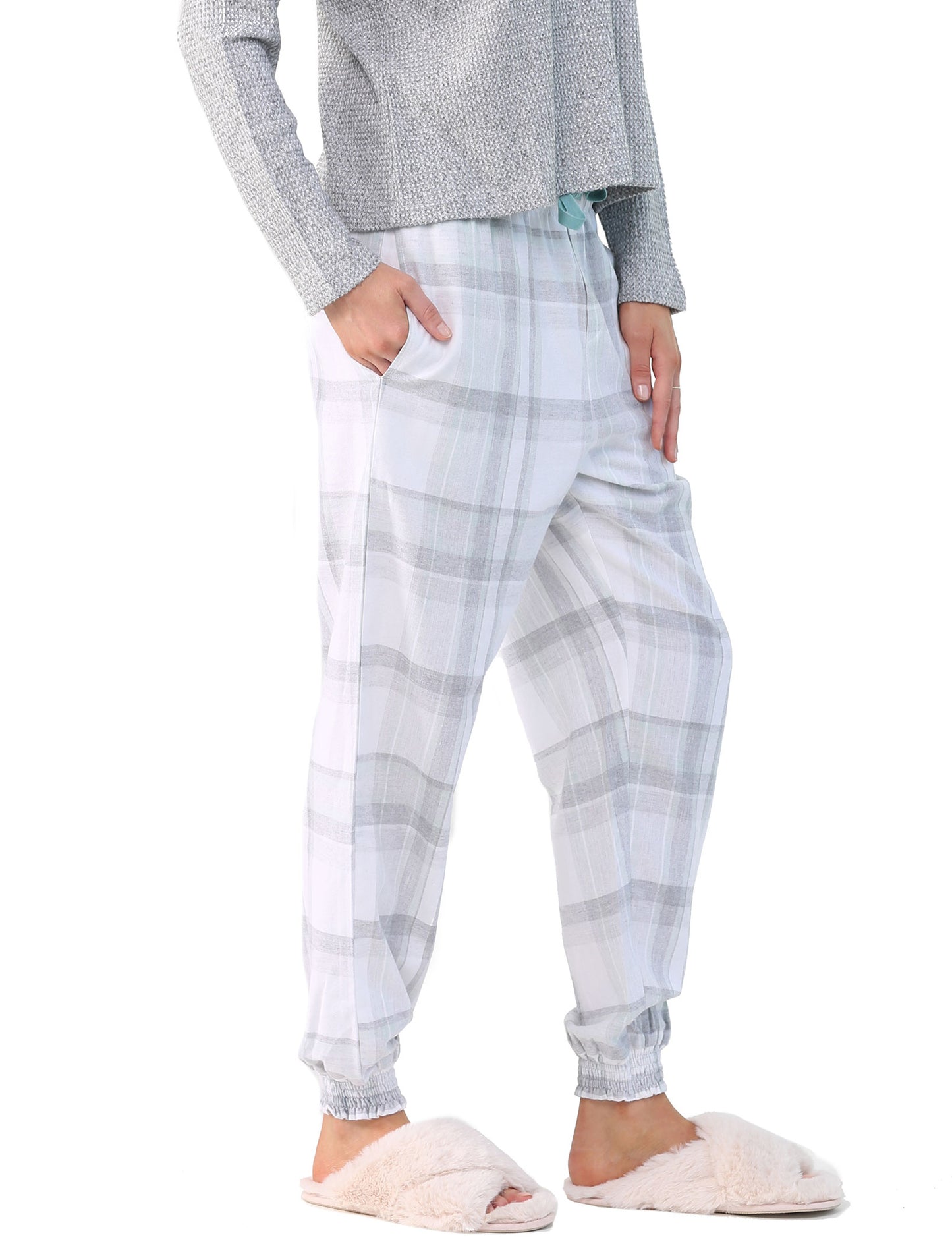Organic Cotton Plaid Jogger in Grey & Teal