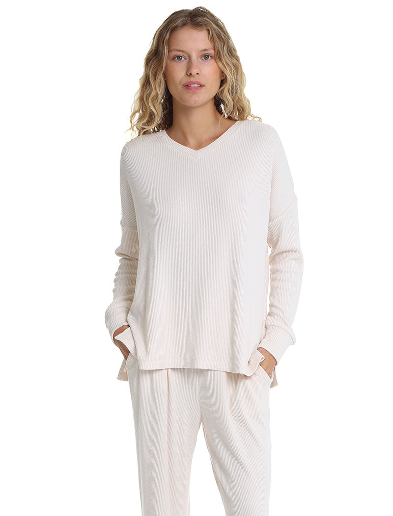 Soft Touch Rib V-Neck LS Top in Bone