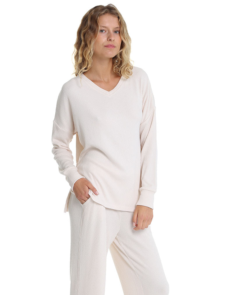 Soft Touch Rib V-Neck LS Top in Bone