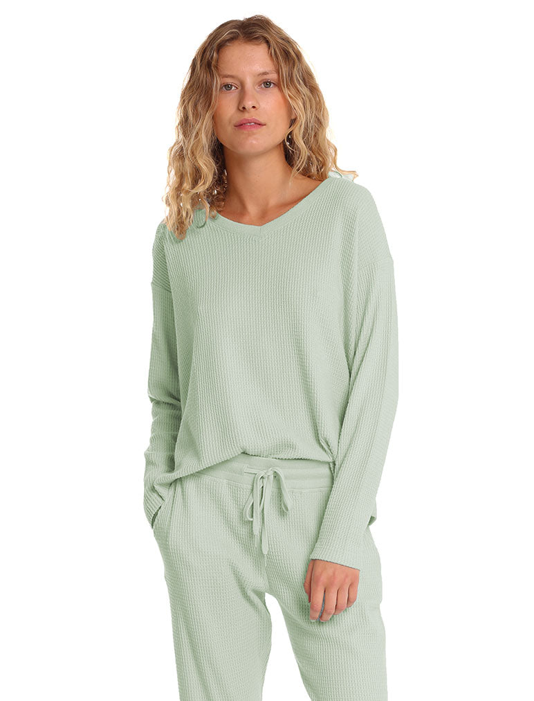 Super Soft Waffle V-Neck LS Top in Matcha