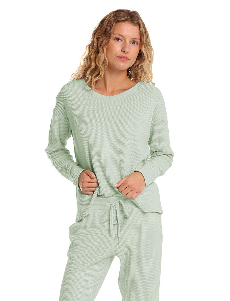 Super Soft Waffle V-Neck LS Top in Matcha