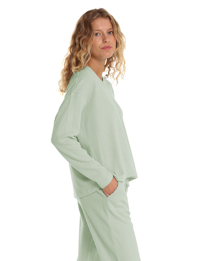 Super Soft Waffle V-Neck LS Top in Matcha
