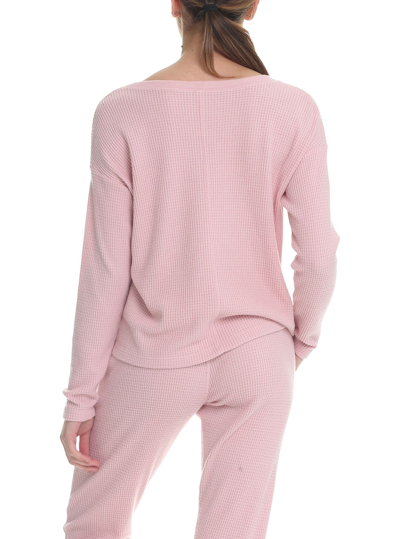 Super Soft Waffle V-Neck Long Sleeve Top in Pink
