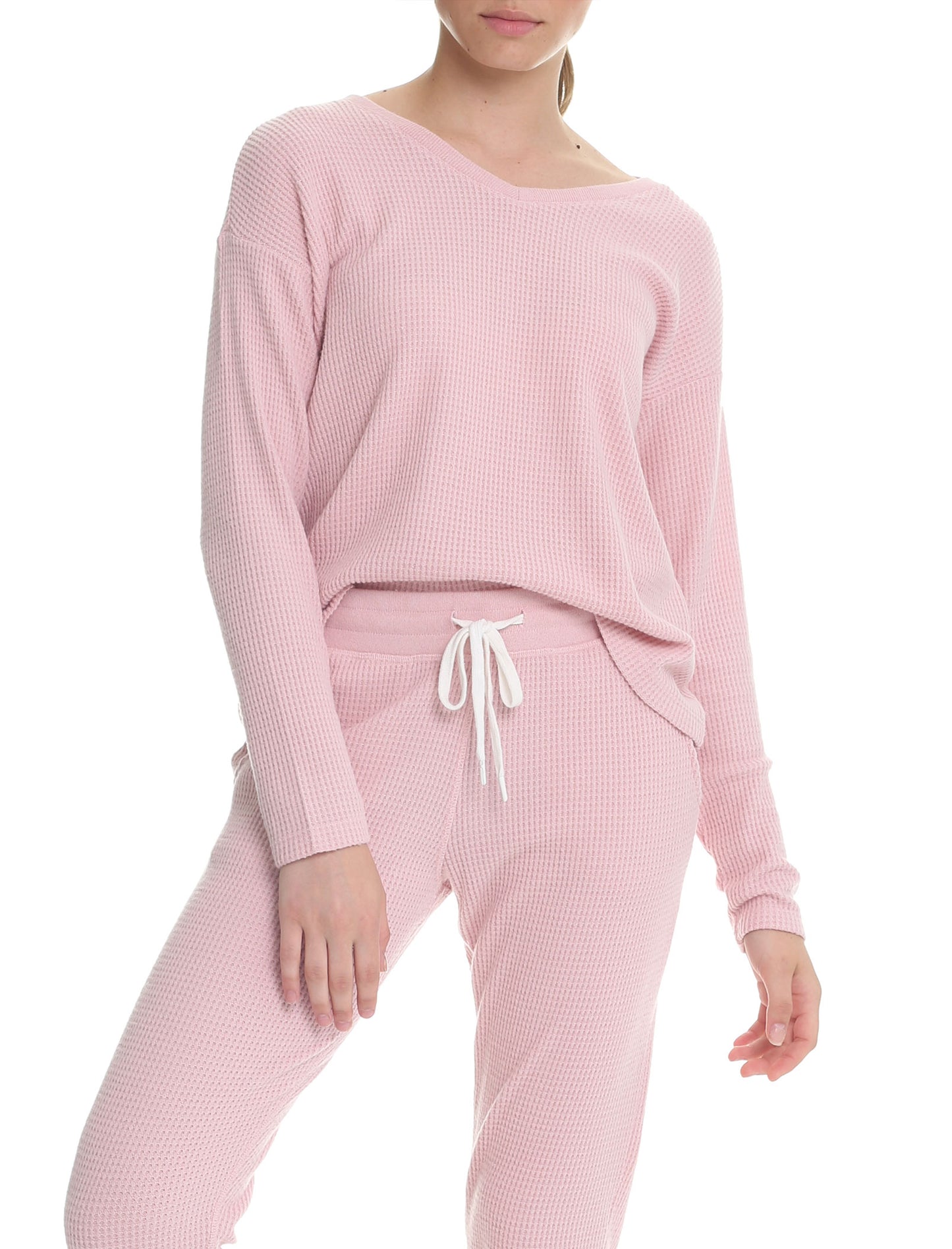 Super Soft Waffle V-Neck Long Sleeve Top in Pink