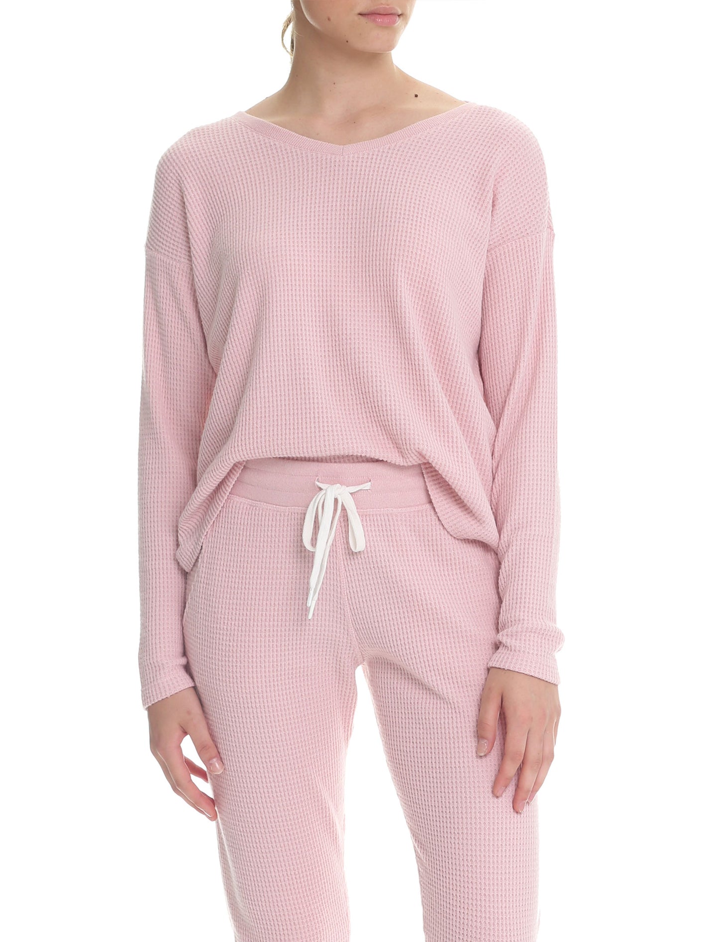 Super Soft Waffle V-Neck Long Sleeve Top in Pink