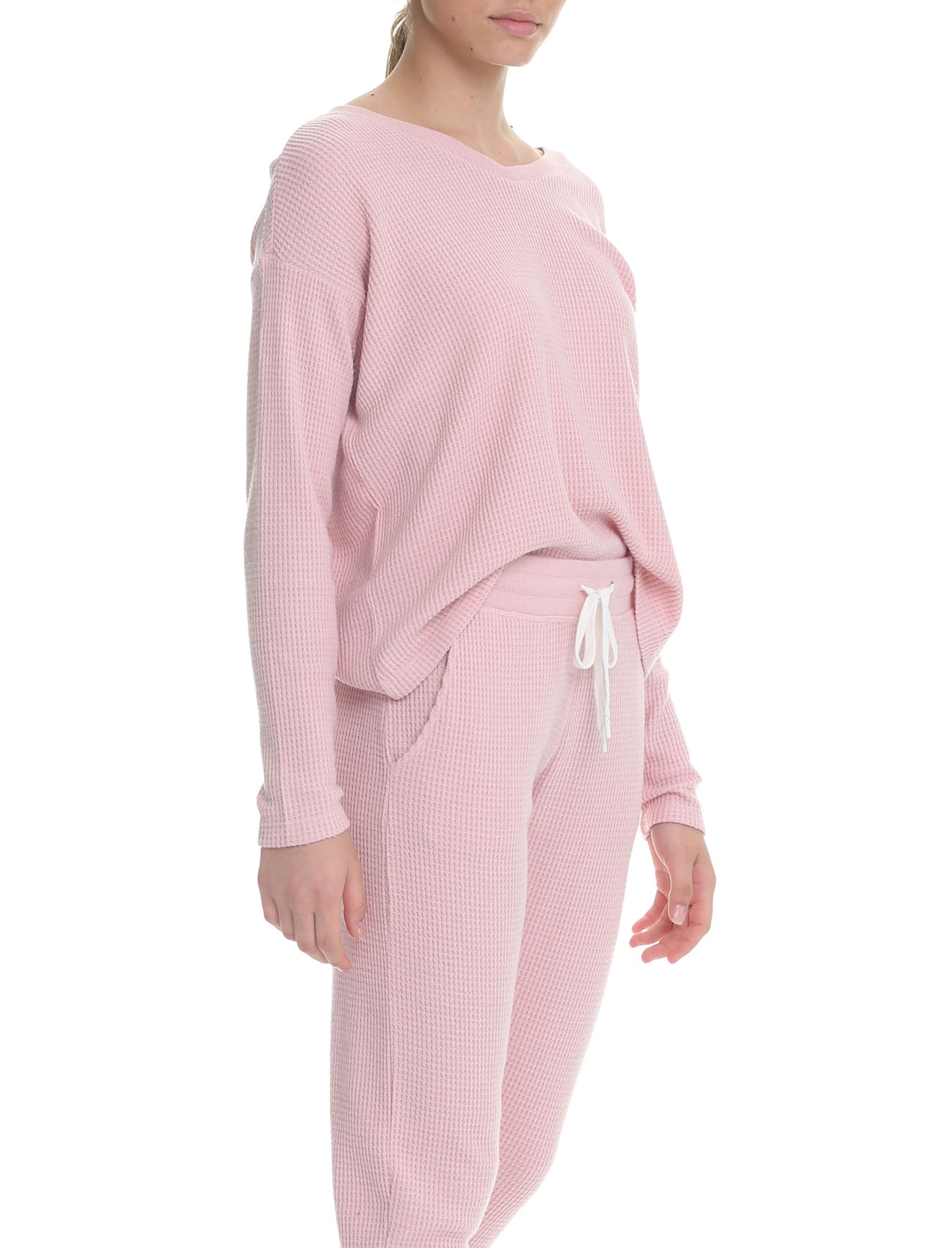 Super Soft Waffle V-Neck Long Sleeve Top in Pink