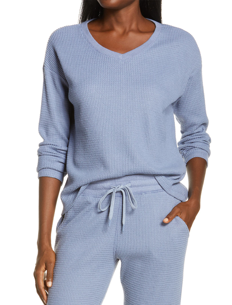 Super Soft Waffle V-Neck Top in Indigo