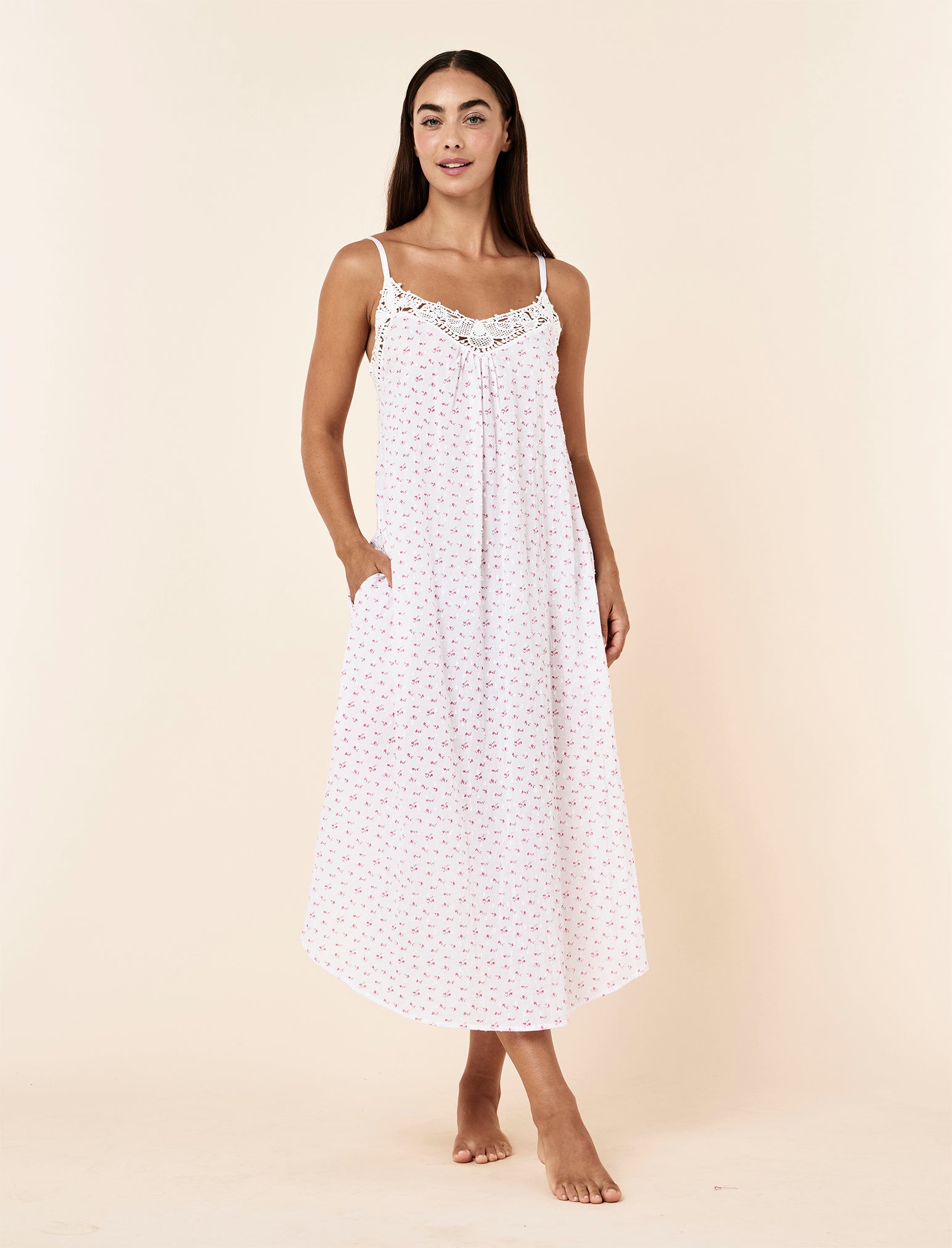 Swiss Dot Lace Front Maxi Nightgown