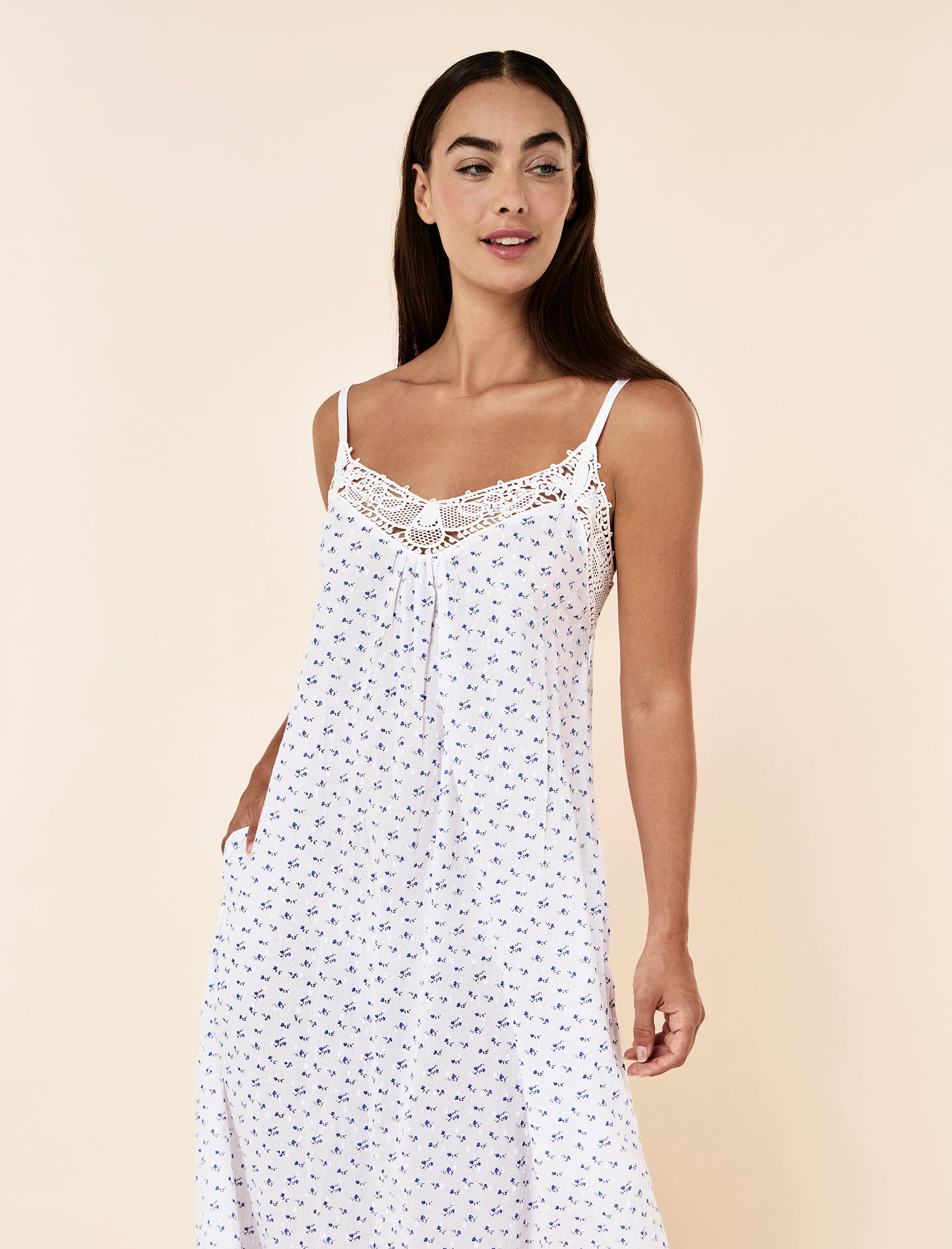 Swiss Dot Lace Front Maxi Nightgown