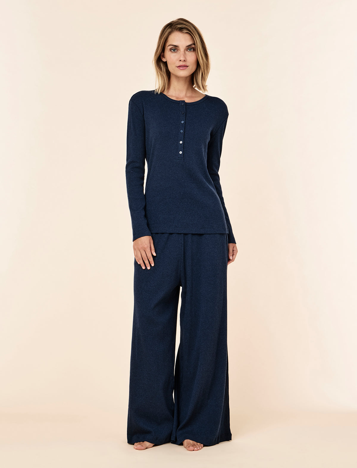 Soft Baby Rib Boxy Henley Long Sleeve Top & Wide Leg Pant Set
