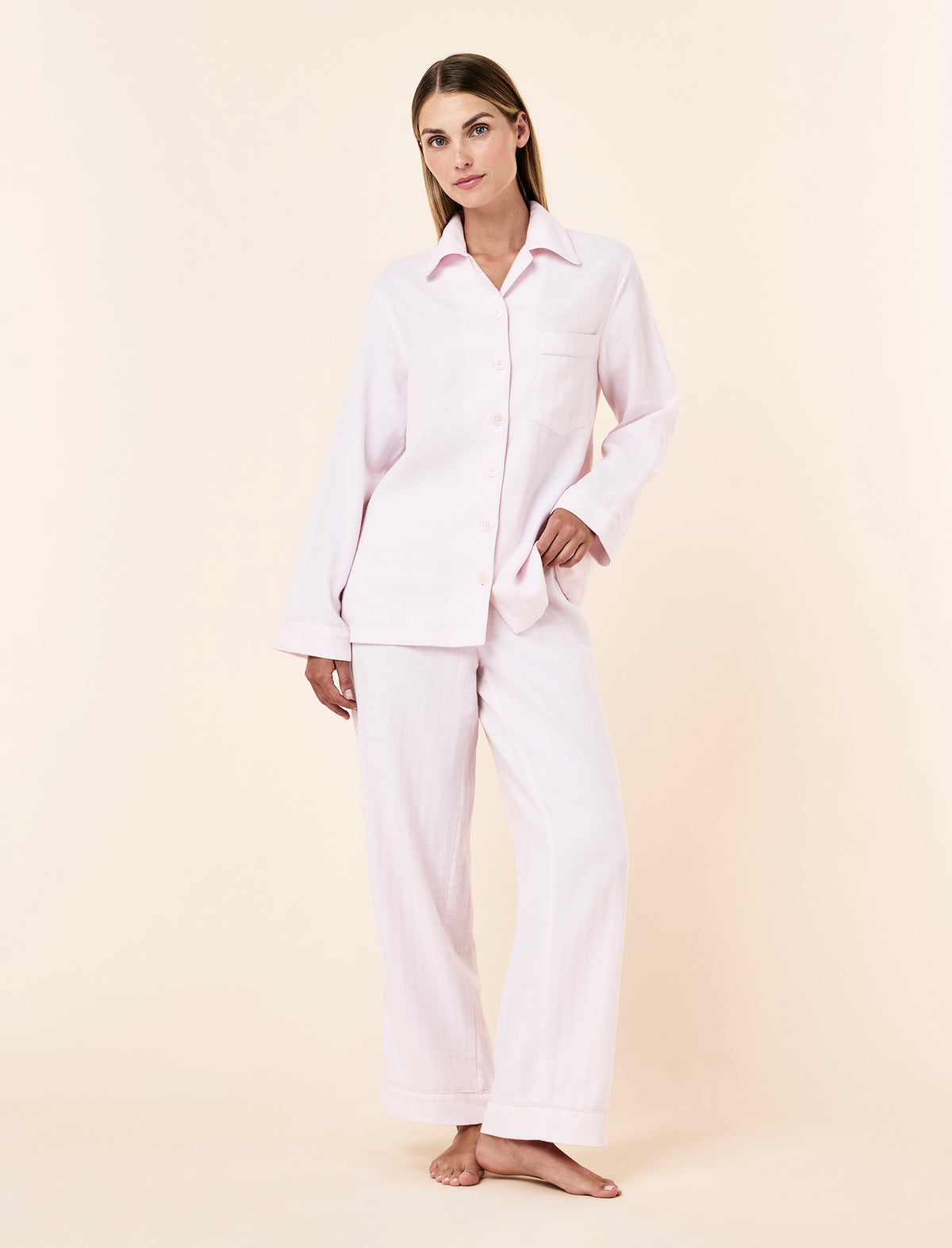 Lilly wearing the Super Soft Brushed Herringbone PJ Set
[model: Lilly wears size S |  Height: 170cm
/ 5’7” | Bust: 75cm | Waist: 58cm | Hips: 89cm]
