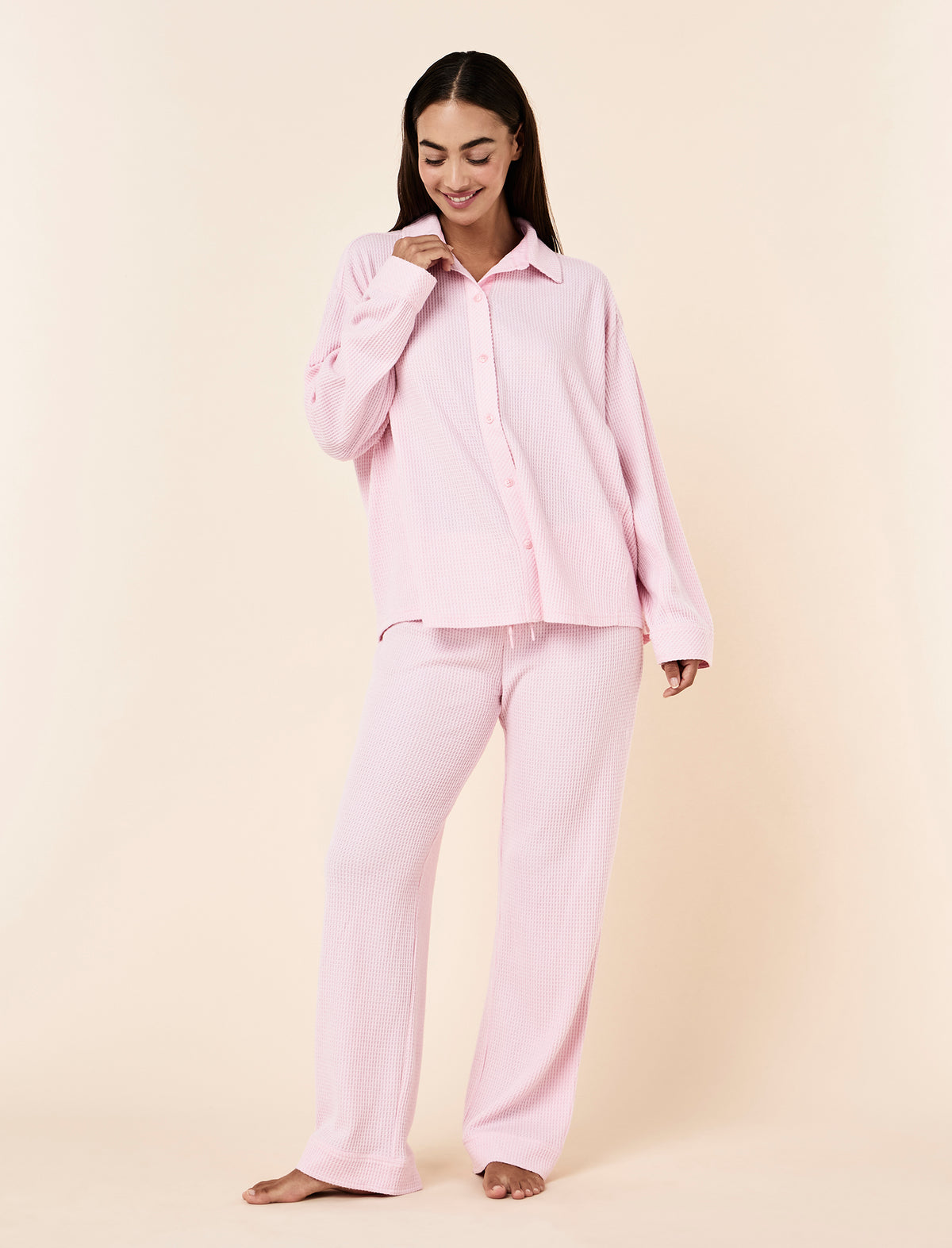 Tash wearing the Super Soft Waffle Full Length PJ Set
[model: Tash wears size S |  Height: 173m
/ 5’8” | Bust: 81cm | Waist: 66cm| Hips: 94cm]