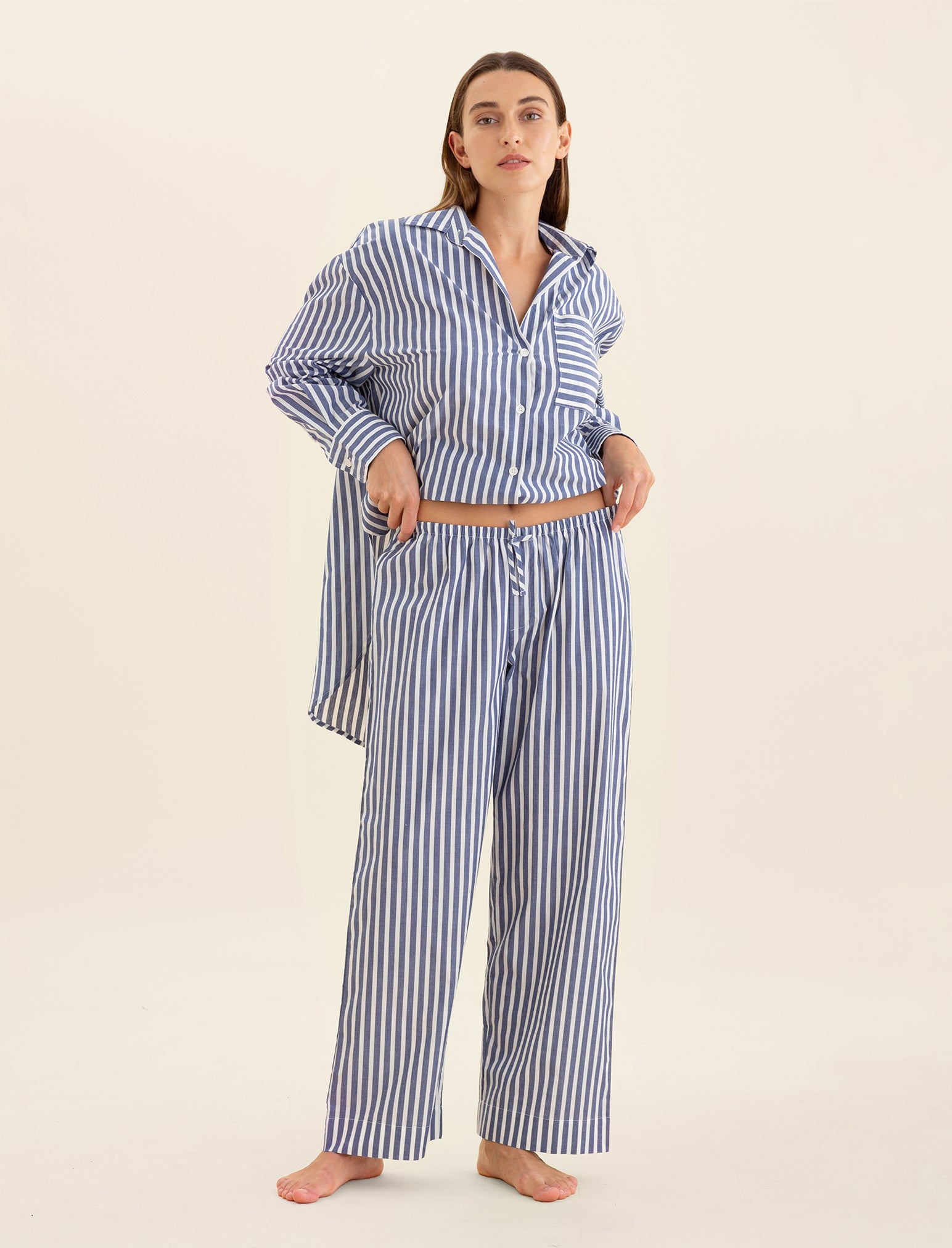 Cotton Stripe Shirting Full Length PJ Set