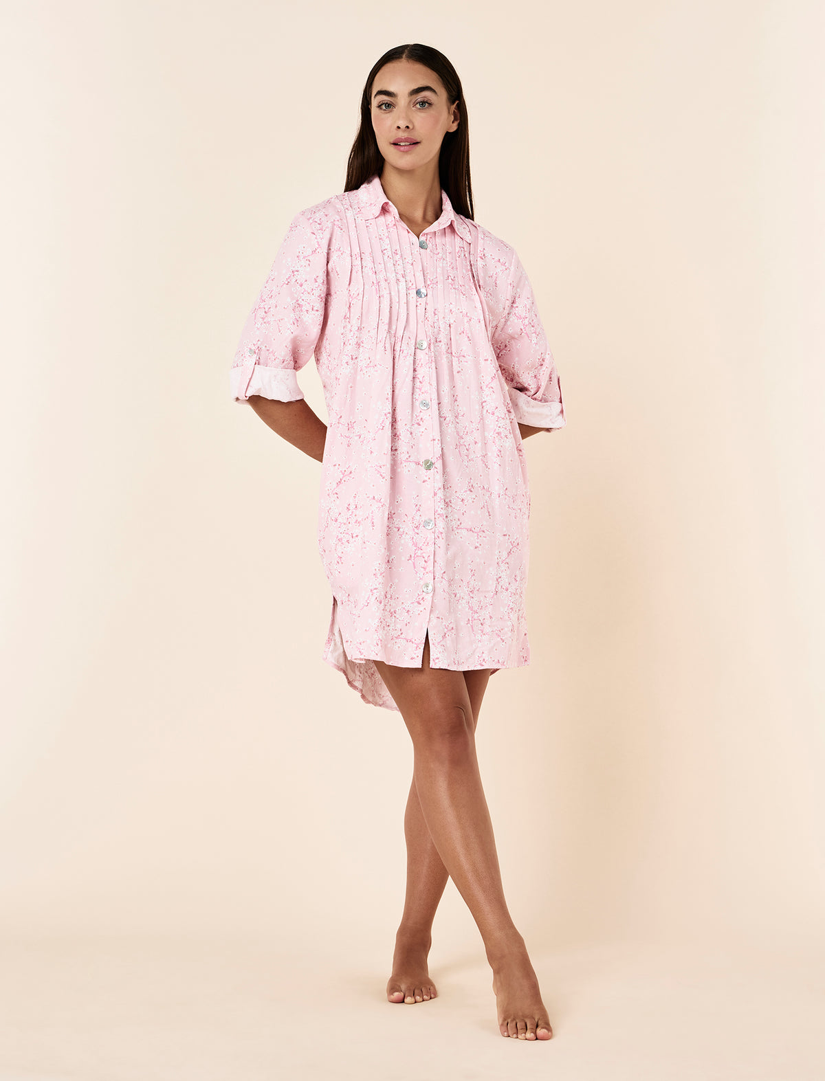 Tash wearing the Cheri Blossom Cosy Pleat Front Nightgown
[model: Tash wears size S |  Height: 173m
/ 5’8” | Bust: 81cm | Waist: 66cm| Hips: 94cm]
