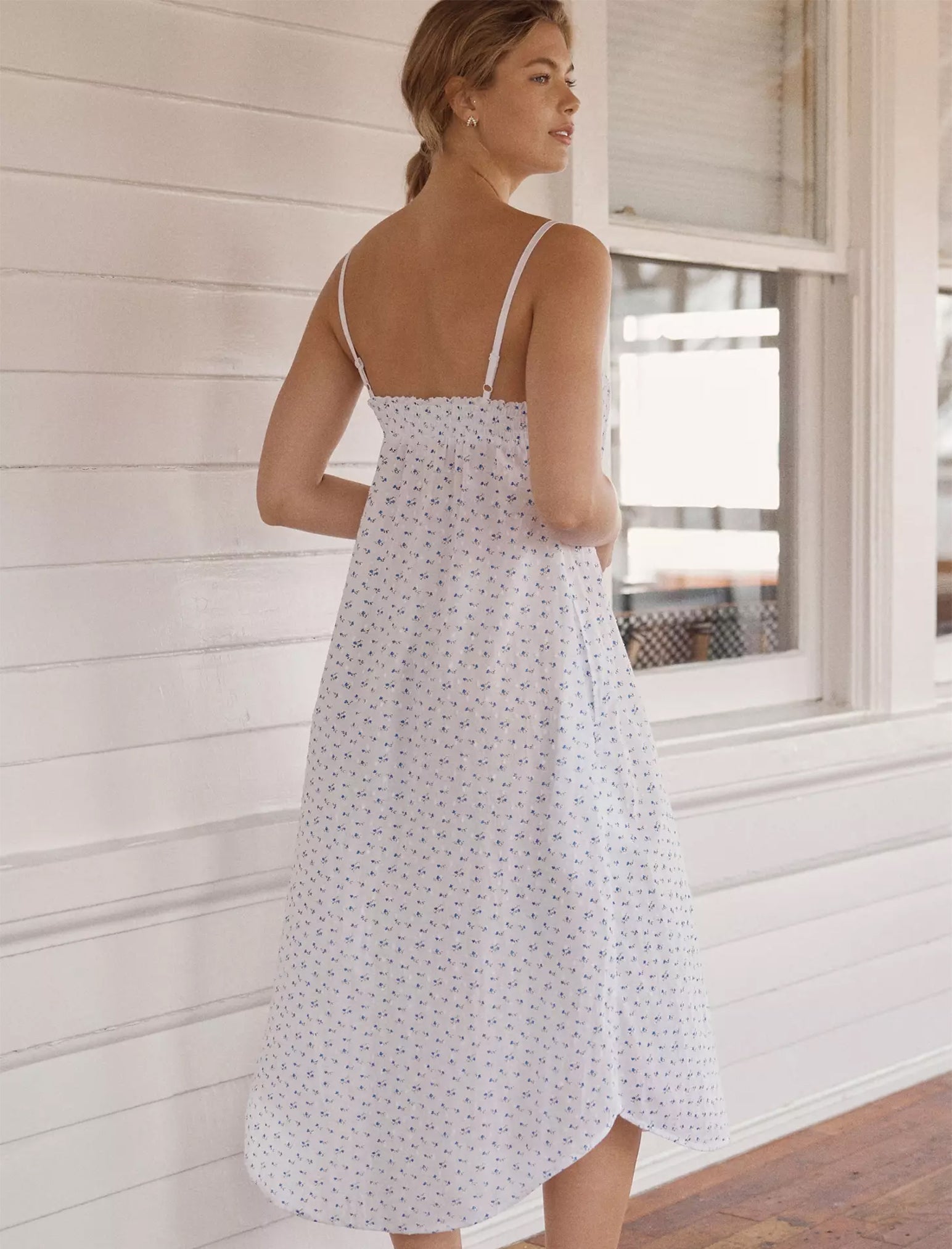 Papinelle Ditsy Floral Print Swiss Dot Sleeveless V-Neck Long Maxi Nightgown, Womens, M, Navy Ditsy