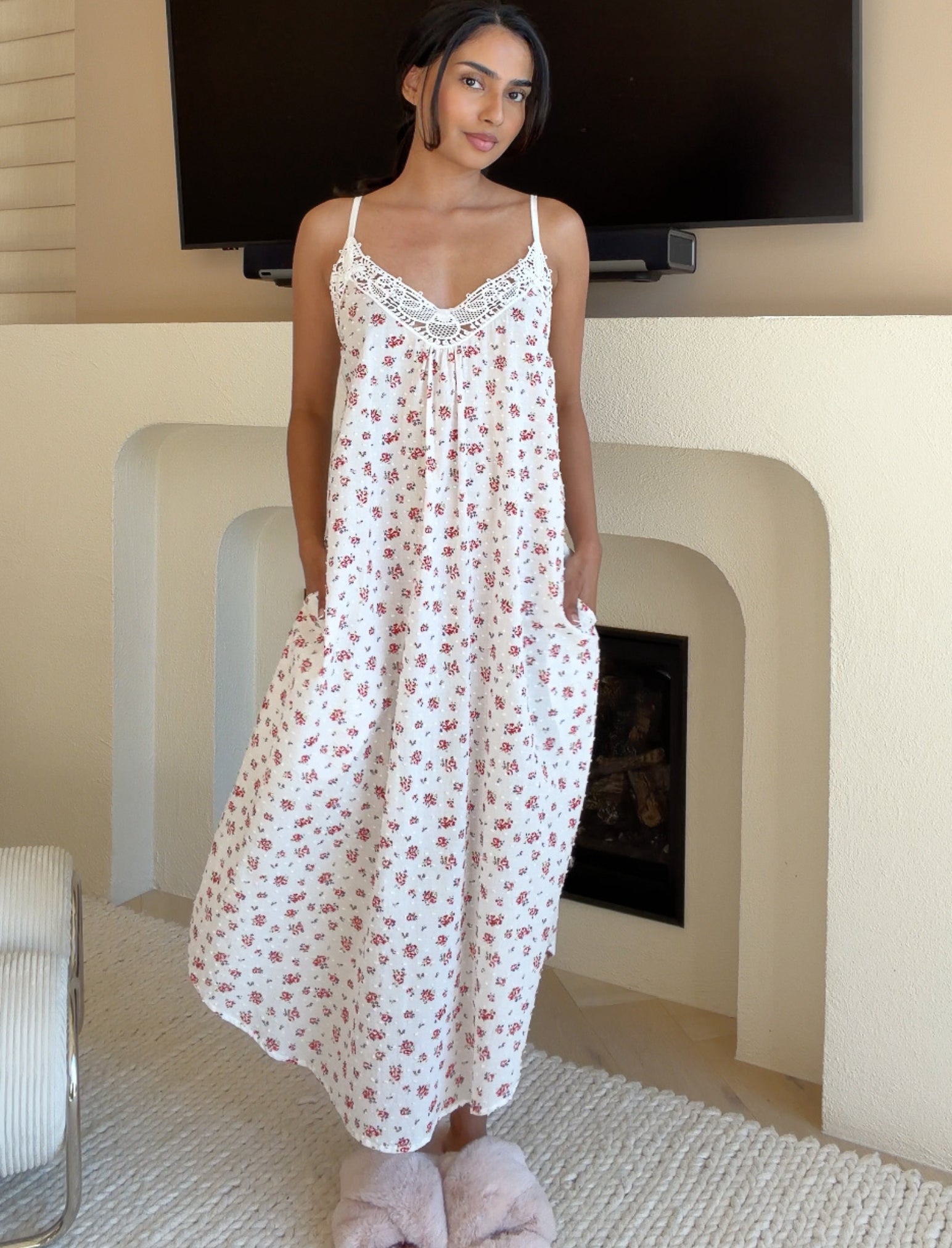 Swiss Dot Lace Front Maxi Nightgown