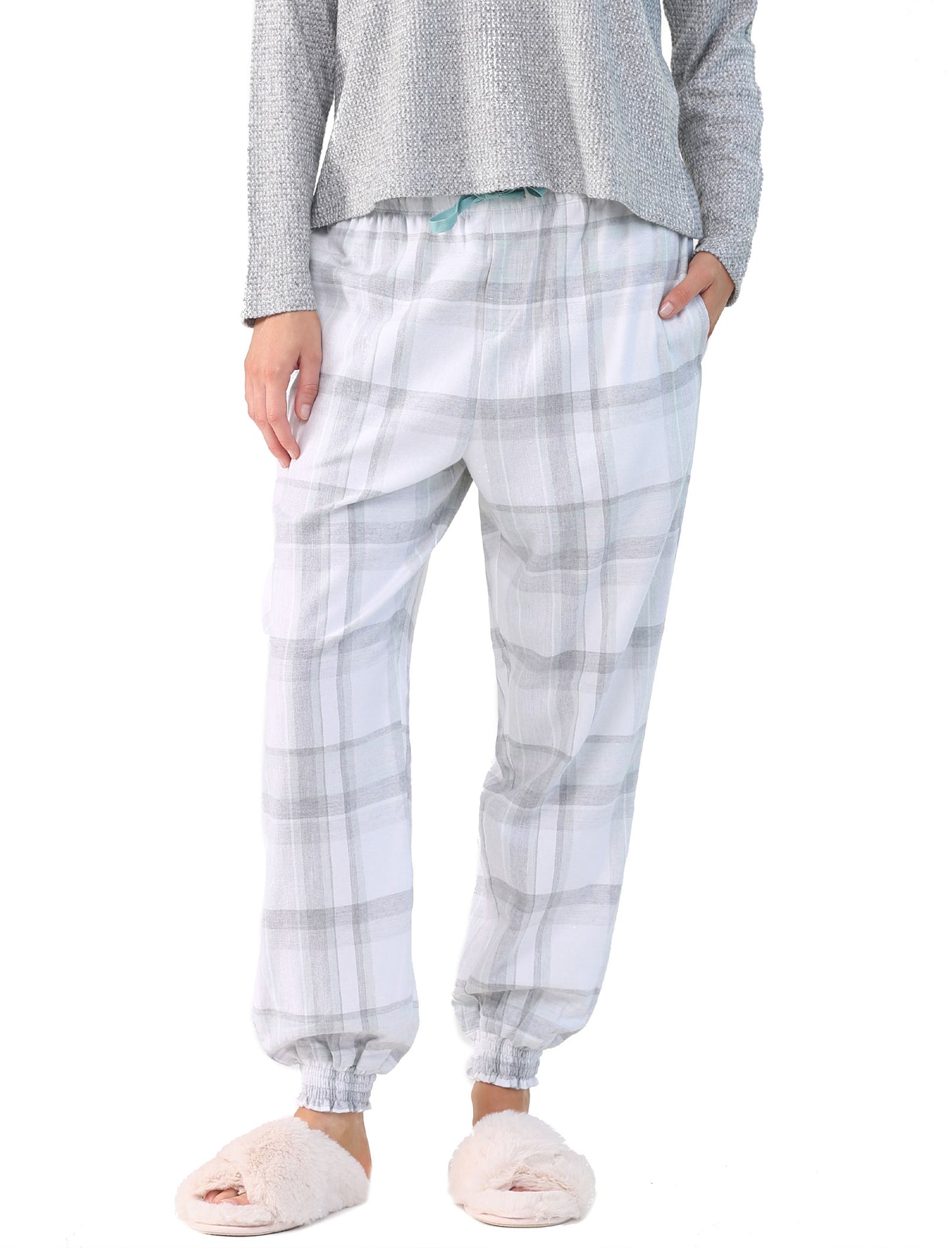 Organic Cotton Plaid Jogger in Grey & Teal