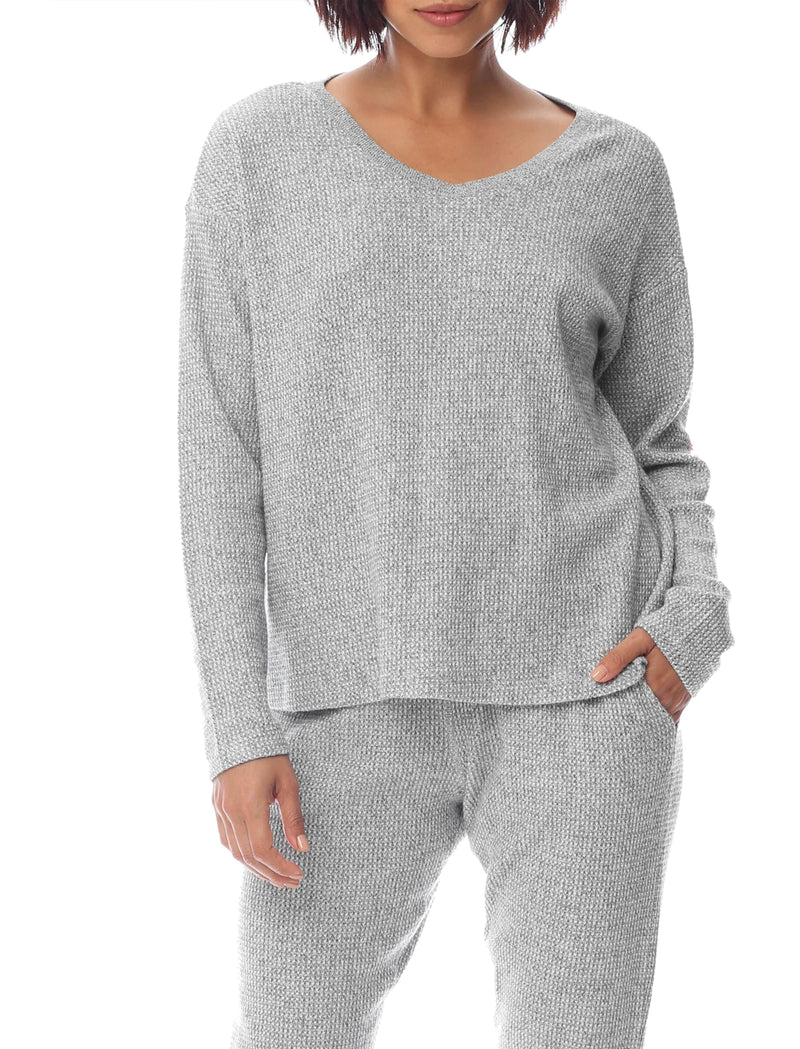 Papinelle  Super Soft Waffle V-Neck Long Sleeve Top in Grey